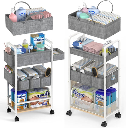 2In1 Baby Diaper Caddy & Rolling Diaper Cart, Diaper Caddy Organizer Cart with Dividers, Mobile Metal Utility Cart for Nursery Essentials, Detachable Bedside Cart, Large Capacity