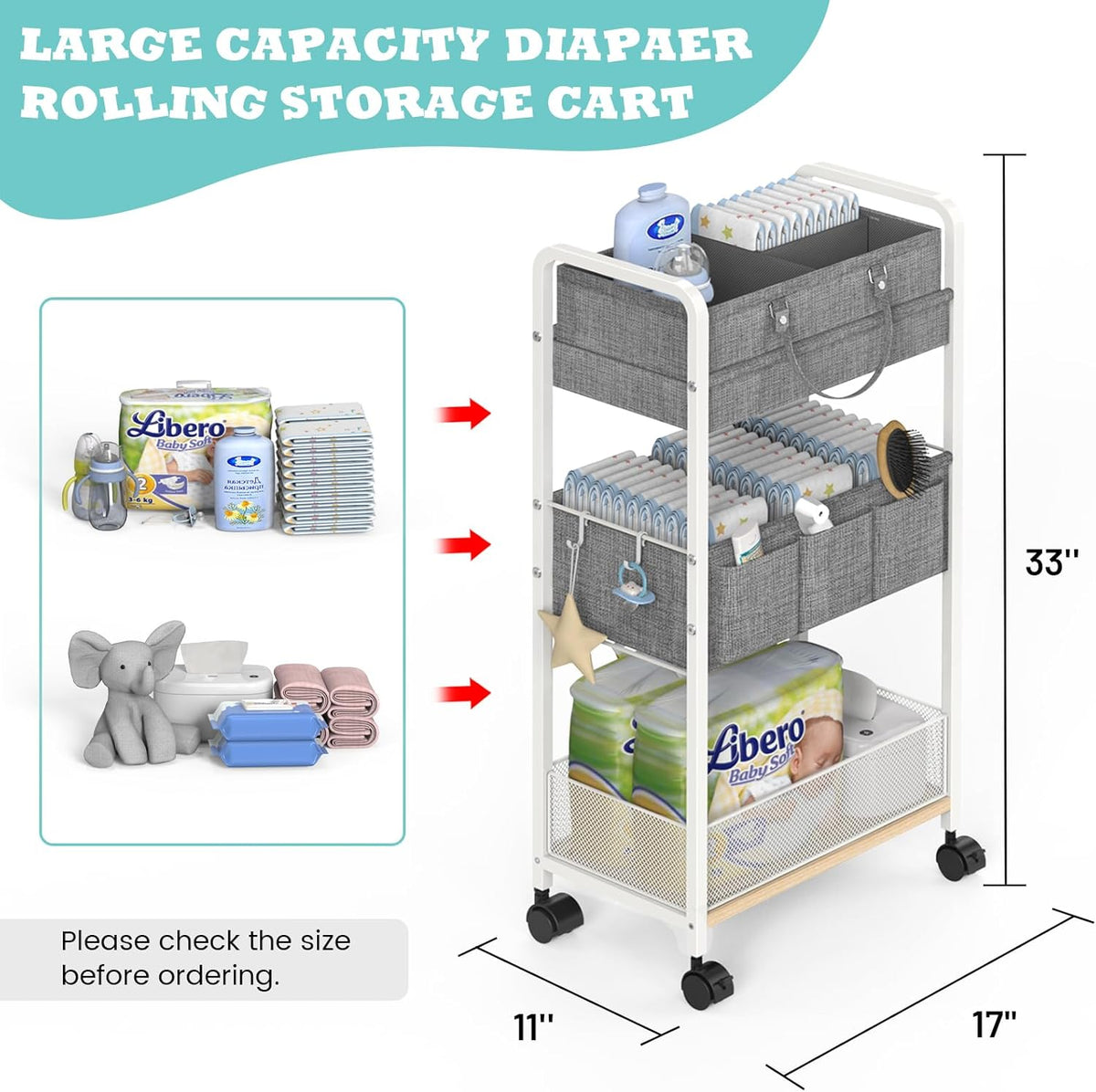 2In1 Baby Diaper Caddy & Rolling Diaper Cart, Diaper Caddy Organizer Cart with Dividers, Mobile Metal Utility Cart for Nursery Essentials, Detachable Bedside Cart, Large Capacity