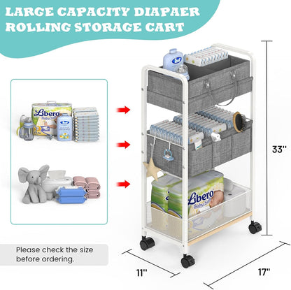 2In1 Baby Diaper Caddy & Rolling Diaper Cart, Diaper Caddy Organizer Cart with Dividers, Mobile Metal Utility Cart for Nursery Essentials, Detachable Bedside Cart, Large Capacity
