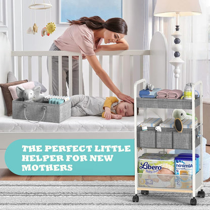 2In1 Baby Diaper Caddy & Rolling Diaper Cart, Diaper Caddy Organizer Cart with Dividers, Mobile Metal Utility Cart for Nursery Essentials, Detachable Bedside Cart, Large Capacity