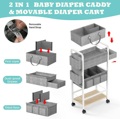2In1 Baby Diaper Caddy & Rolling Diaper Cart, Diaper Caddy Organizer Cart with Dividers, Mobile Metal Utility Cart for Nursery Essentials, Detachable Bedside Cart, Large Capacity