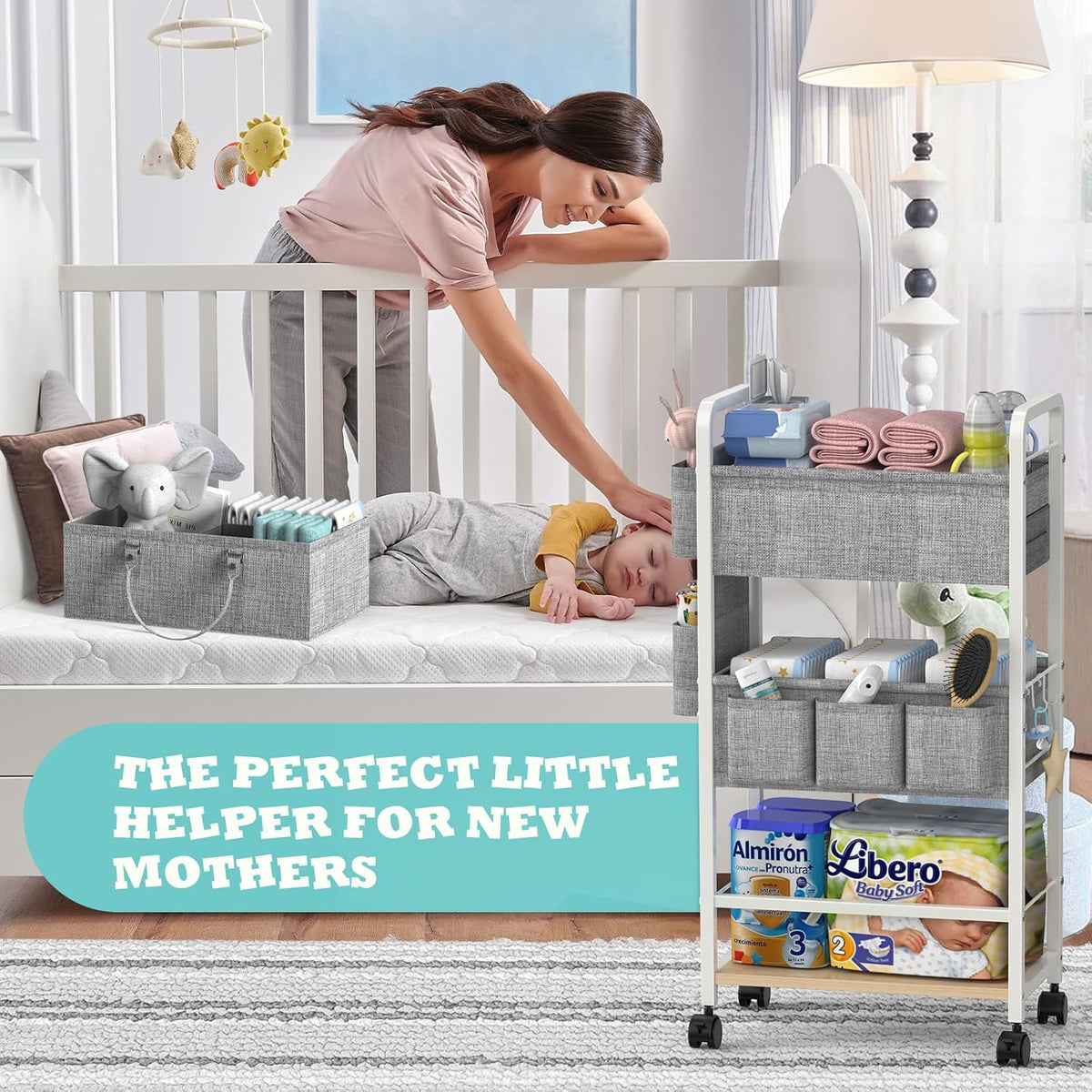 2In1 Baby Diaper Caddy & Rolling Diaper Cart, Diaper Caddy Organizer Cart with Dividers, Mobile Metal Utility Cart for Nursery Essentials, Detachable Bedside Cart, Large Capacity