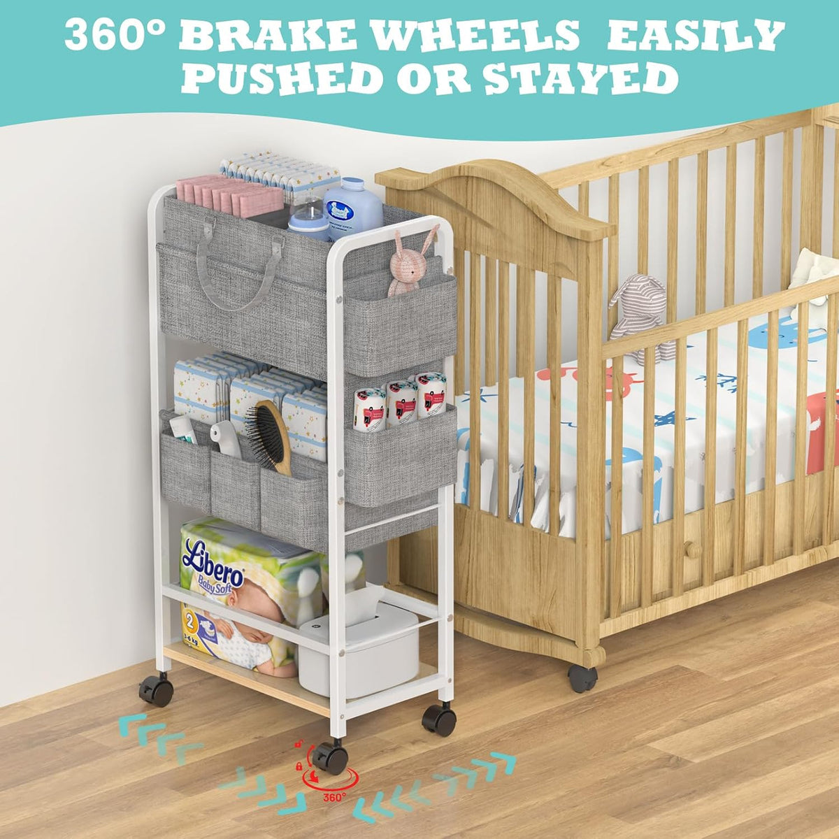 2In1 Baby Diaper Caddy & Rolling Diaper Cart, Diaper Caddy Organizer Cart with Dividers, Mobile Metal Utility Cart for Nursery Essentials, Detachable Bedside Cart, Large Capacity