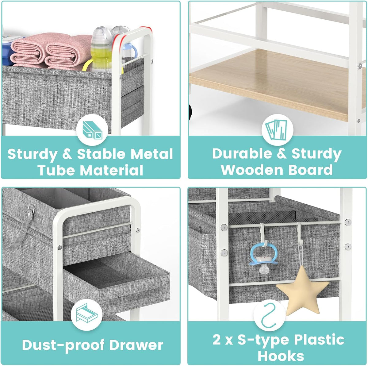 2In1 Baby Diaper Caddy & Rolling Diaper Cart, Diaper Caddy Organizer Cart with Dividers, Mobile Metal Utility Cart for Nursery Essentials, Detachable Bedside Cart, Large Capacity