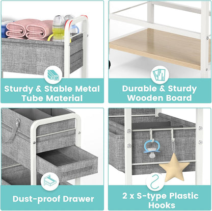 2In1 Baby Diaper Caddy & Rolling Diaper Cart, Diaper Caddy Organizer Cart with Dividers, Mobile Metal Utility Cart for Nursery Essentials, Detachable Bedside Cart, Large Capacity