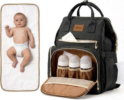Large Diaper Bag for Mom: 27 Liters with Changing pad - Insulated Lightweight Travel Backpack for Organizing Baby Boy & Girl Essentials - Black