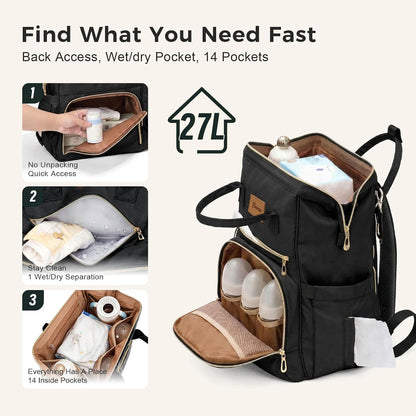 Large Diaper Bag for Mom: 27 Liters with Changing pad - Insulated Lightweight Travel Backpack for Organizing Baby Boy & Girl Essentials - Black