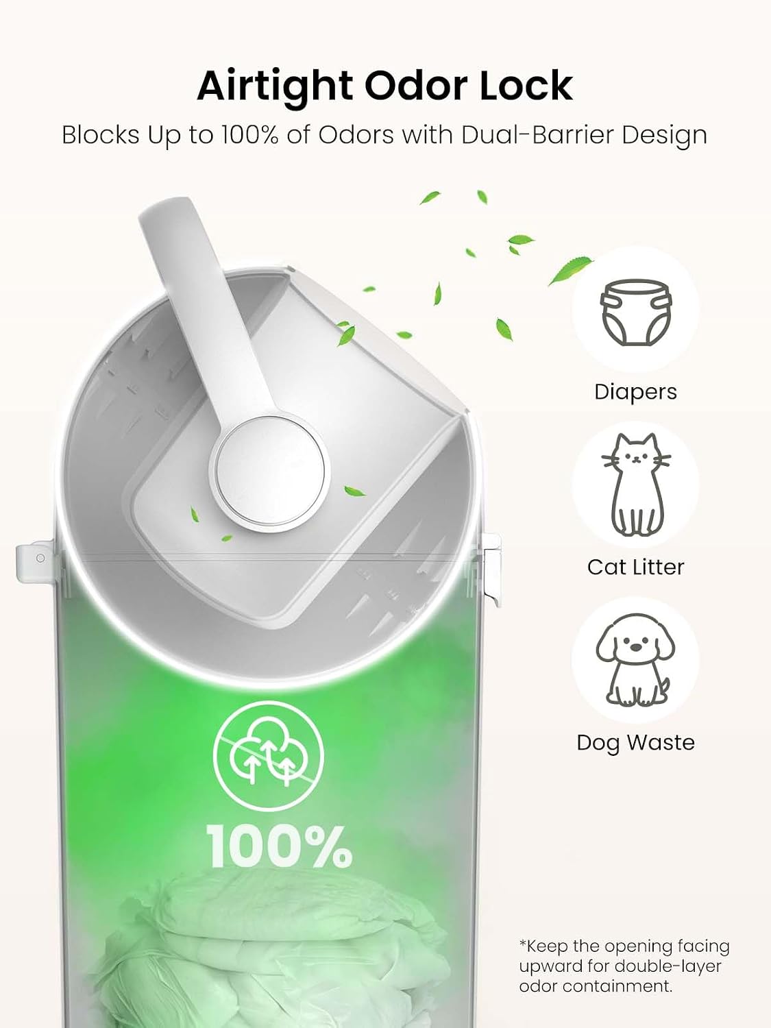 Odor-Locking Baby Diaper Pail with Dual-Barrier Design, White