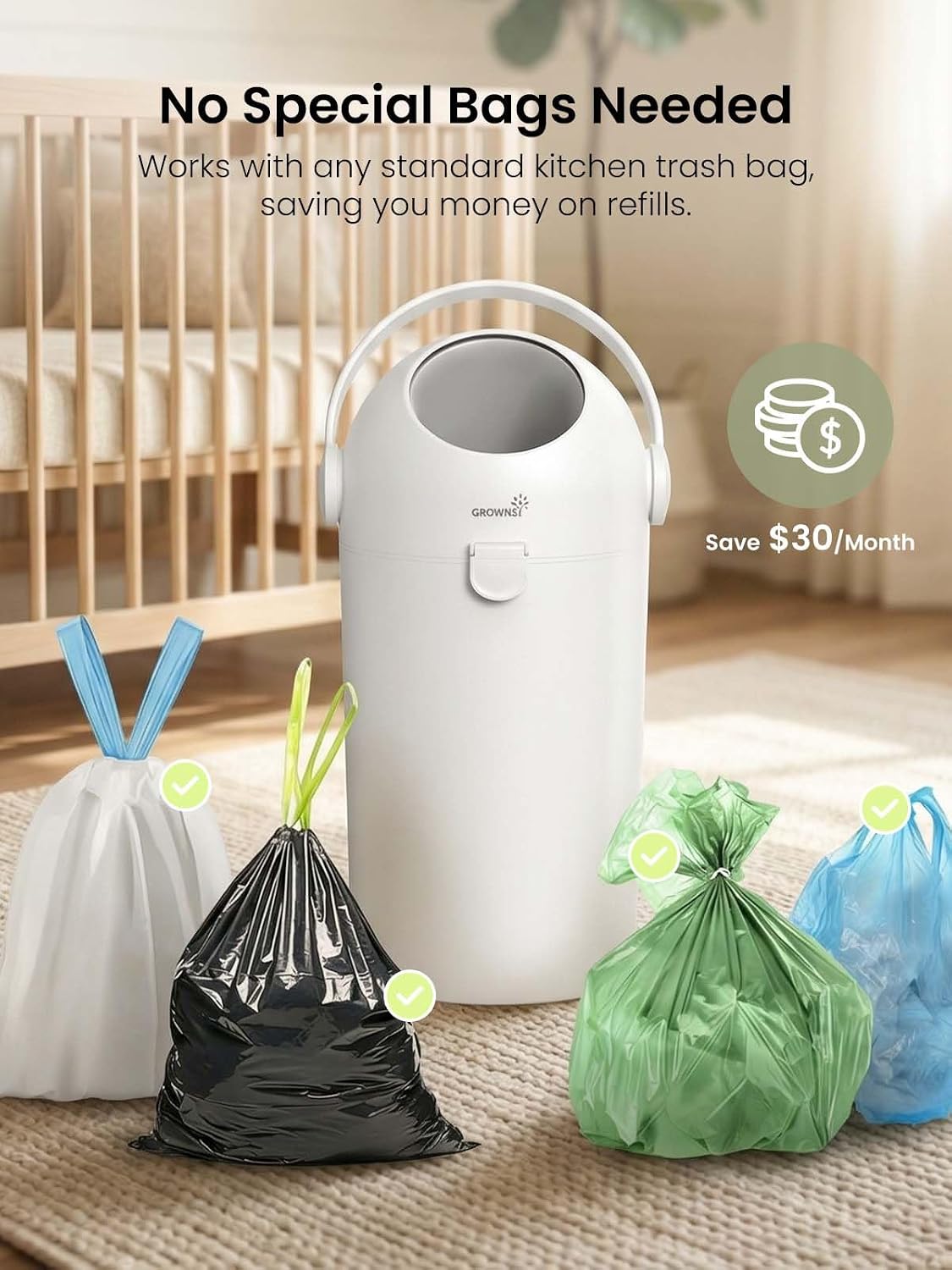 Odor-Locking Baby Diaper Pail with Dual-Barrier Design, White