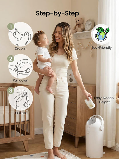 Odor-Locking Baby Diaper Pail with Dual-Barrier Design, White