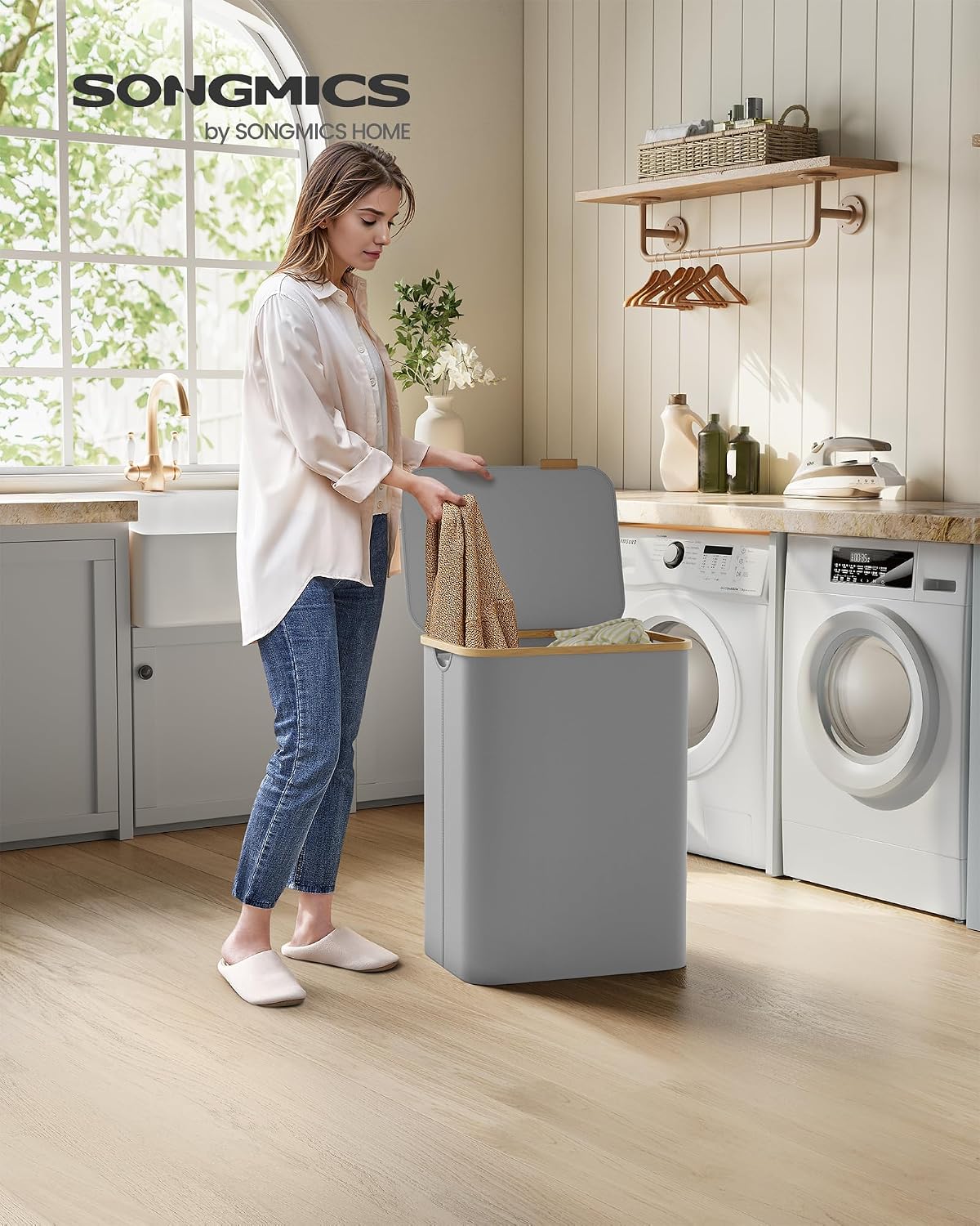 SONGMICS Laundry Hamper with Lid, 34.3-gallon (130L), Removable Mesh Liner
