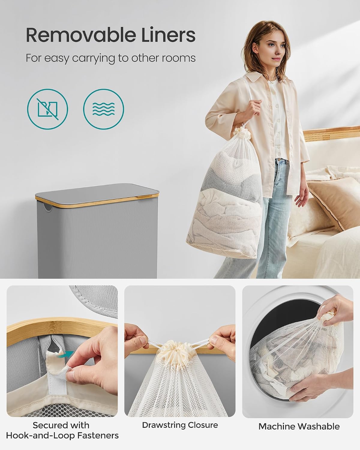 SONGMICS Laundry Hamper with Lid, 34.3-gallon (130L), Removable Mesh Liner