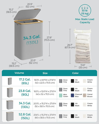 SONGMICS Laundry Hamper with Lid, 34.3-gallon (130L), Removable Mesh Liner