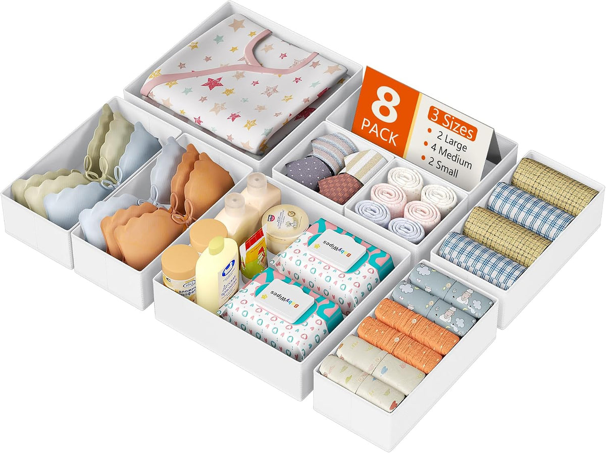 Drawer Organizer Clothes, Dresser Organizer, Foldable Closet Organizers and Storage, Fabric Dresser Bins, Drawer Dividers for Nursery, Baby Clothes, Underwears, Sock (Beige)