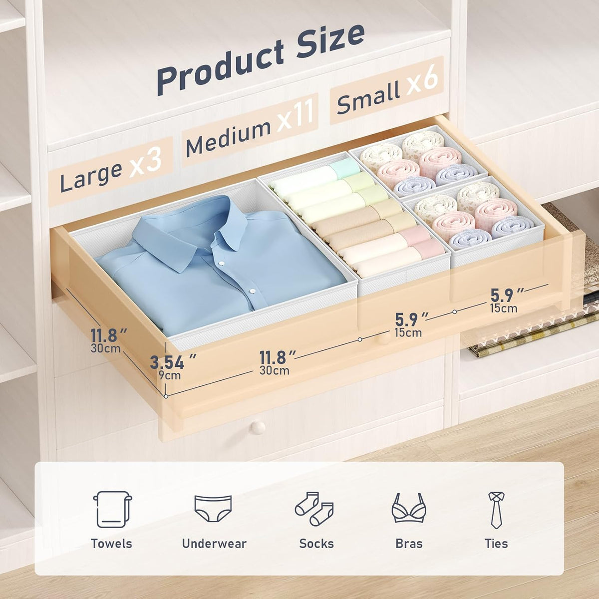 Drawer Organizer Clothes, Dresser Organizer, Foldable Closet Organizers and Storage, Fabric Dresser Bins, Drawer Dividers for Nursery, Baby Clothes, Underwears, Sock (Beige)