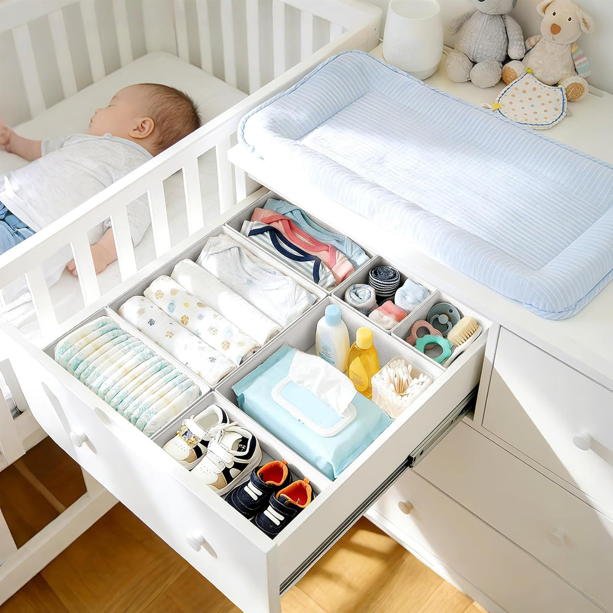 Drawer Organizer Clothes, Dresser Organizer, Foldable Closet Organizers and Storage, Fabric Dresser Bins, Drawer Dividers for Nursery, Baby Clothes, Underwears, Sock (Beige)