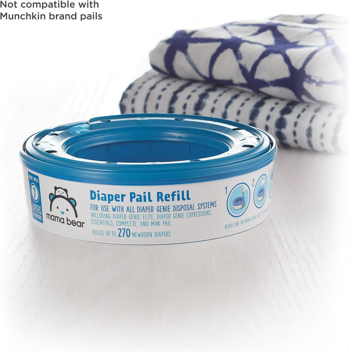 Amazon Brand- Round Diaper Pail Refills for Diaper Genie Pails, Odor Control, Unscented, 1080 Count (4 Packs of 270 Count), Compatible with Diaper Genie Complete, Elite and Expressions Pails