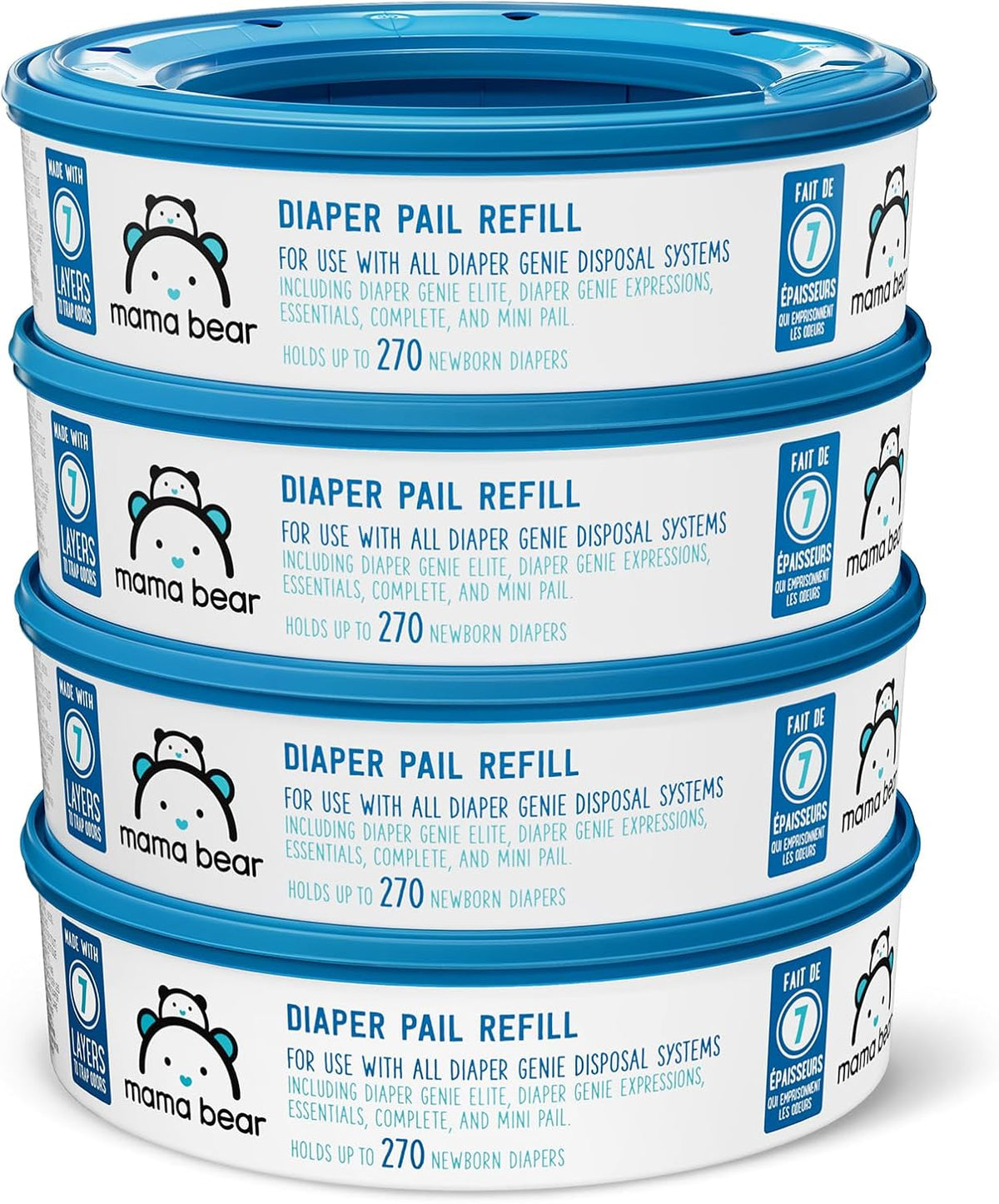 Amazon Brand- Round Diaper Pail Refills for Diaper Genie Pails, Odor Control, Unscented, 1080 Count (4 Packs of 270 Count), Compatible with Diaper Genie Complete, Elite and Expressions Pails