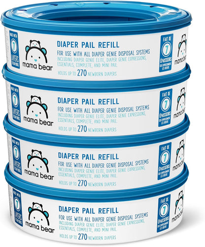Amazon Brand- Round Diaper Pail Refills for Diaper Genie Pails, Odor Control, Unscented, 1080 Count (4 Packs of 270 Count), Compatible with Diaper Genie Complete, Elite and Expressions Pails