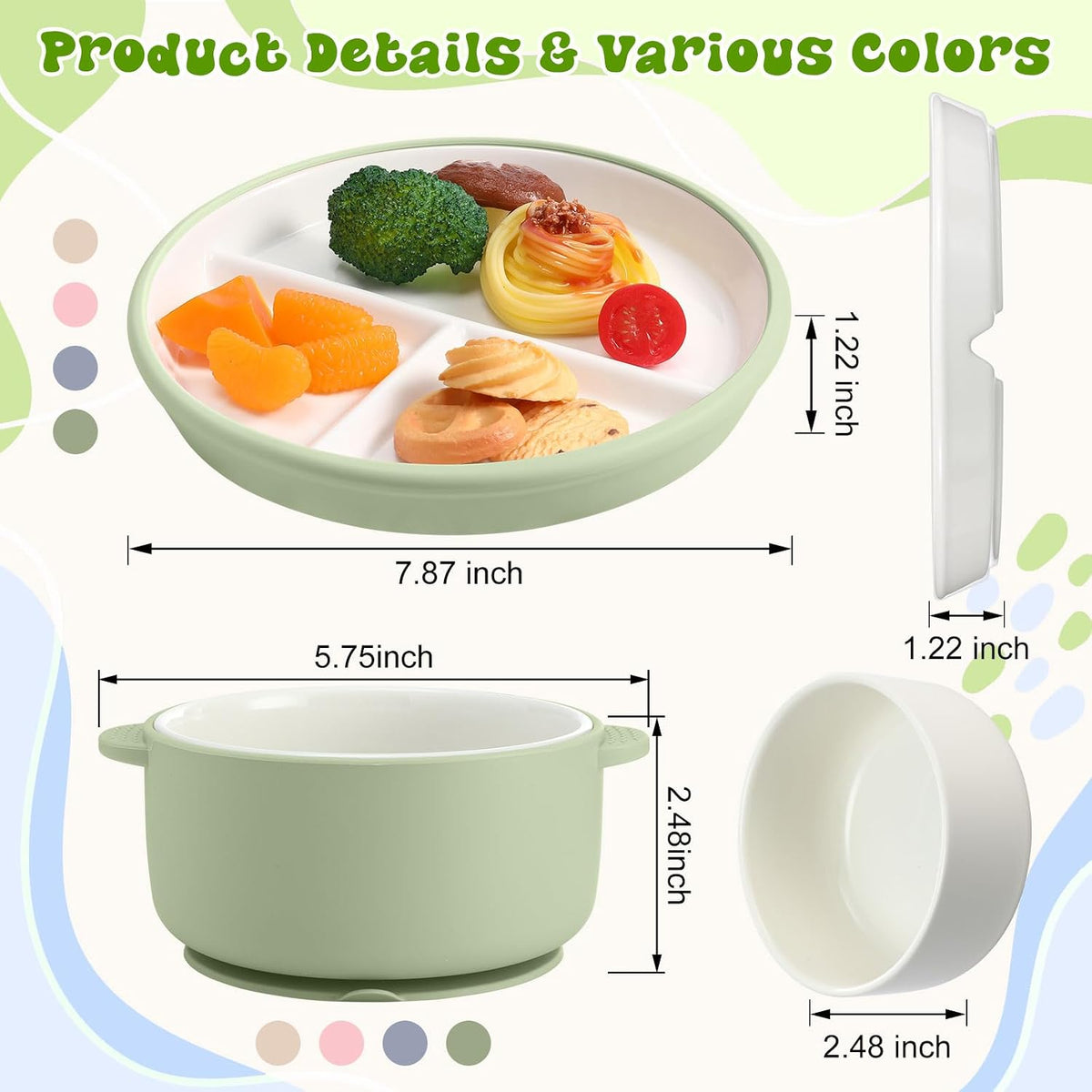 4 Pcs Porcelain Kid Suction Plate and Bowl Set,Pink,Beige