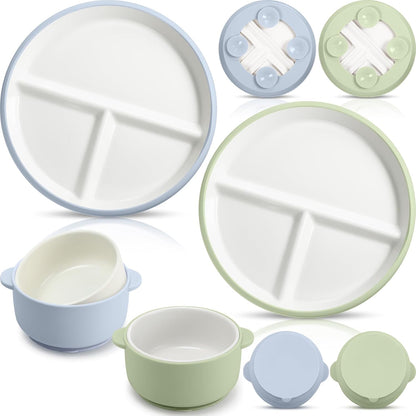 4 Pcs Porcelain Kid Suction Plate and Bowl Set,Pink,Beige