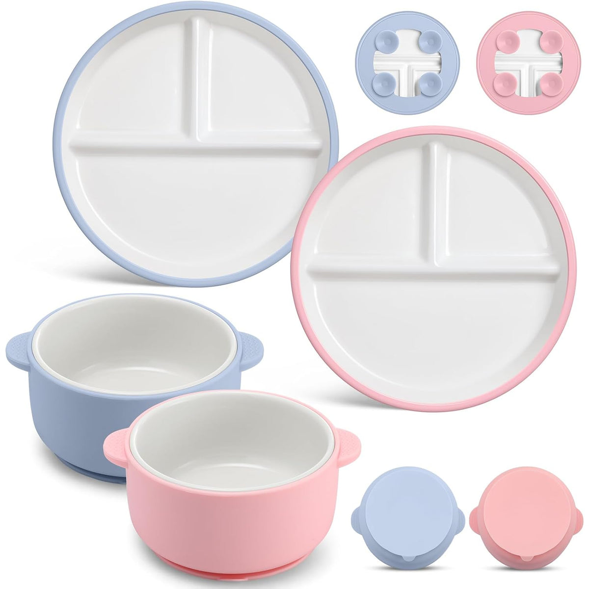 4 Pcs Porcelain Kid Suction Plate and Bowl Set,Pink,Beige