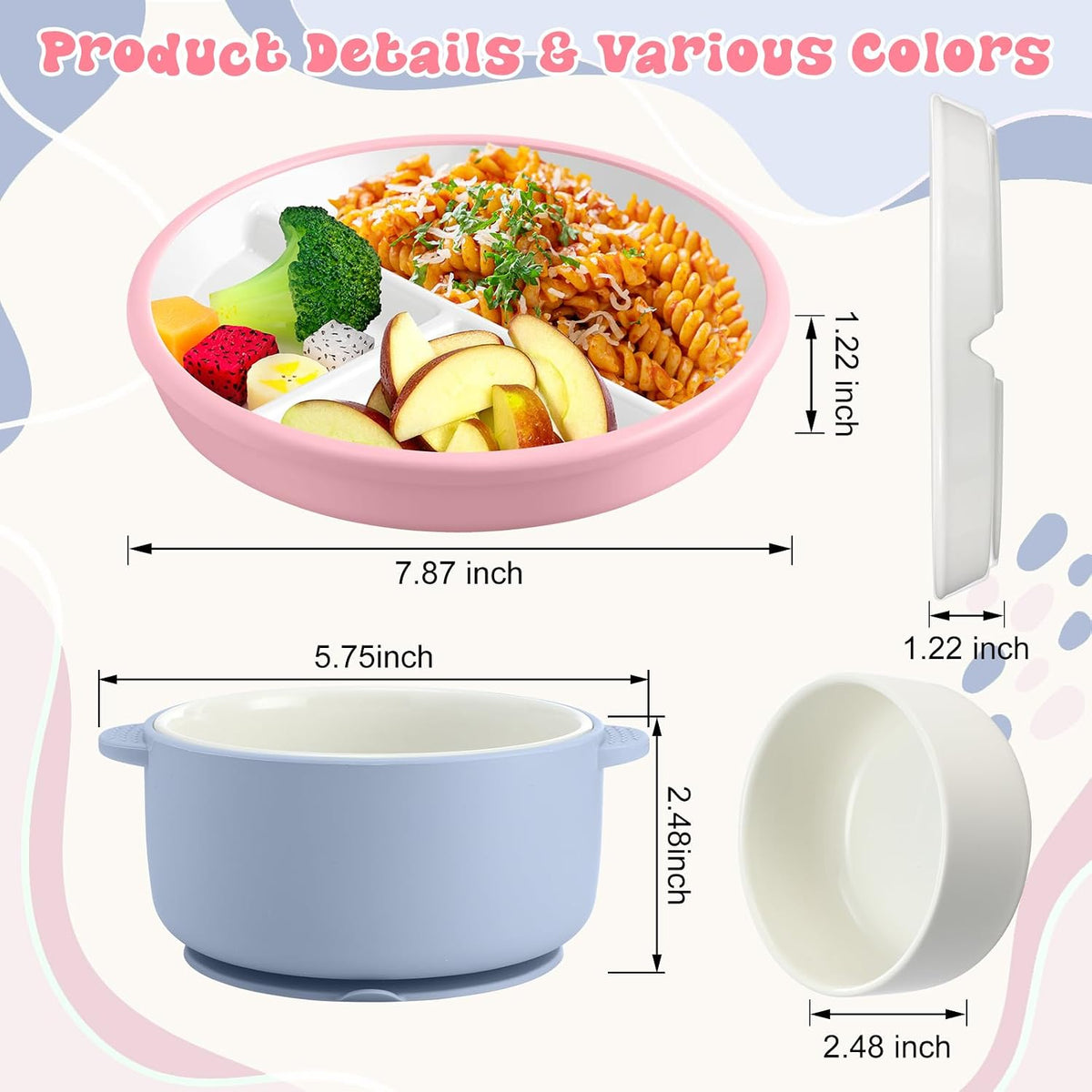 4 Pcs Porcelain Kid Suction Plate and Bowl Set,Pink,Beige