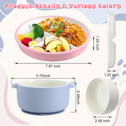 4 Pcs Porcelain Kid Suction Plate and Bowl Set,Pink,Beige