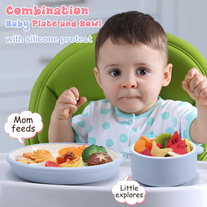 4 Pcs Porcelain Kid Suction Plate and Bowl Set,Pink,Beige