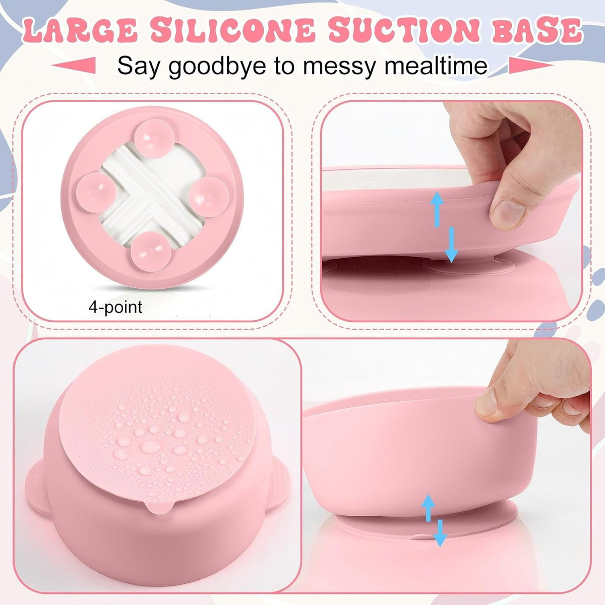 4 Pcs Porcelain Kid Suction Plate and Bowl Set,Pink,Beige