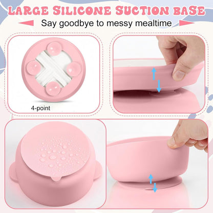 4 Pcs Porcelain Kid Suction Plate and Bowl Set,Pink,Beige