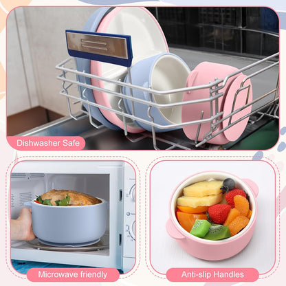 4 Pcs Porcelain Kid Suction Plate and Bowl Set,Pink,Beige