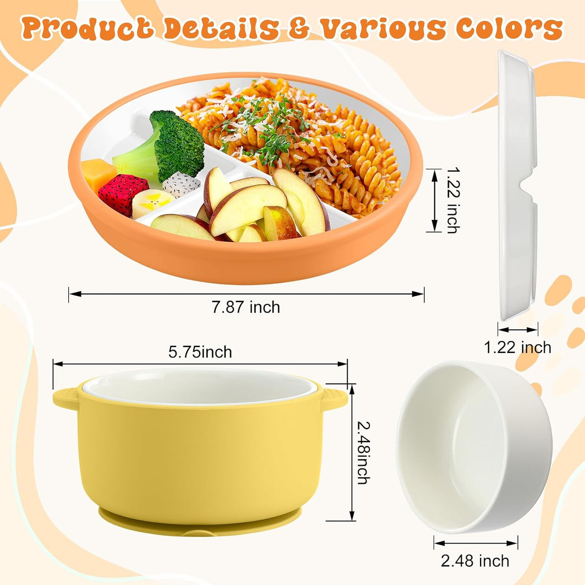 4 Pcs Porcelain Kid Suction Plate and Bowl Set,Pink,Beige