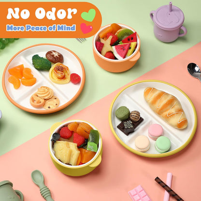 4 Pcs Porcelain Kid Suction Plate and Bowl Set,Pink,Beige