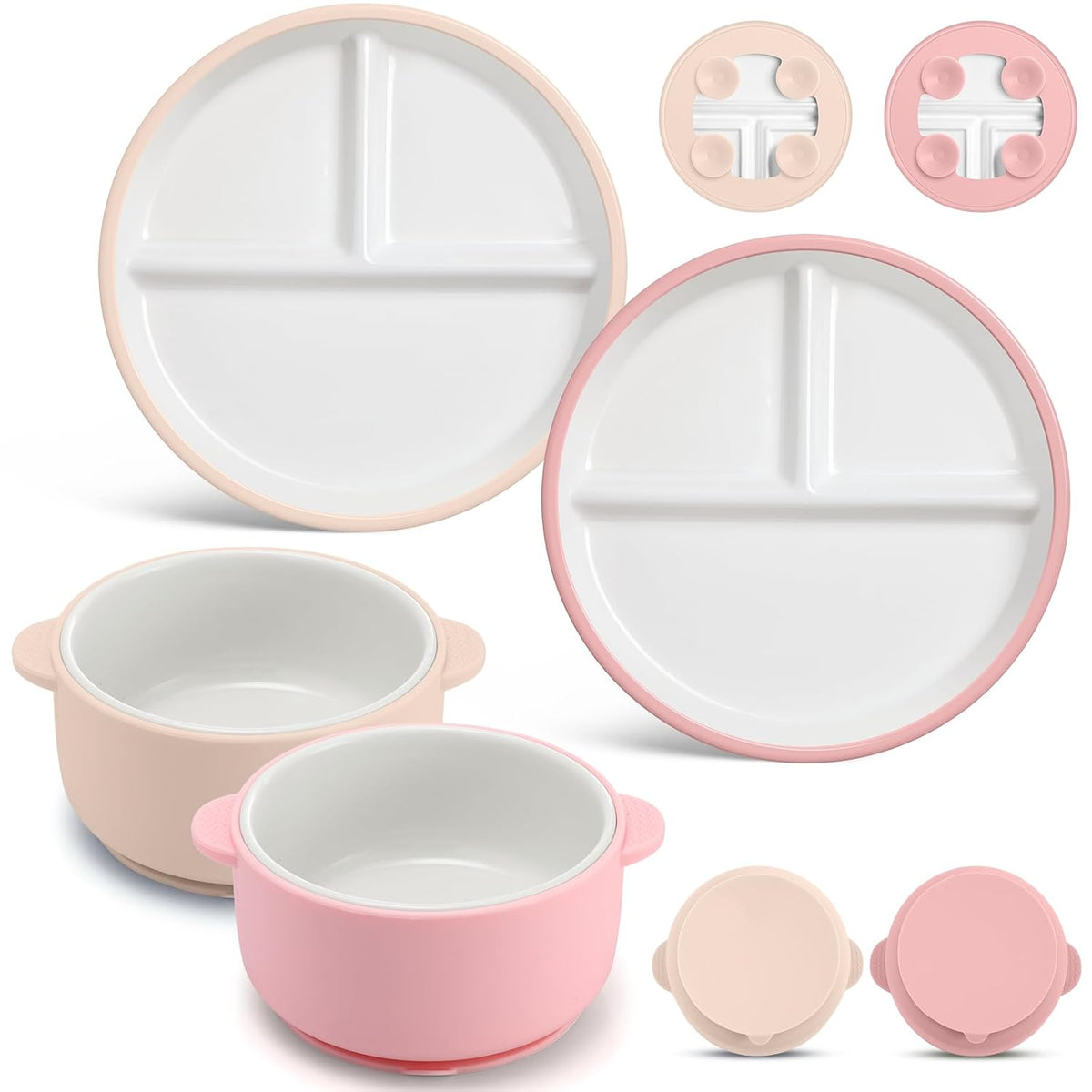 4 Pcs Porcelain Kid Suction Plate and Bowl Set,Pink,Beige