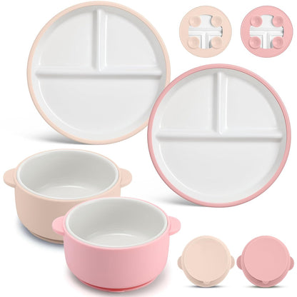 4 Pcs Porcelain Kid Suction Plate and Bowl Set,Pink,Beige