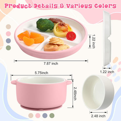 4 Pcs Porcelain Kid Suction Plate and Bowl Set,Pink,Beige