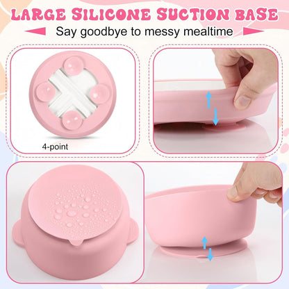 4 Pcs Porcelain Kid Suction Plate and Bowl Set,Pink,Beige