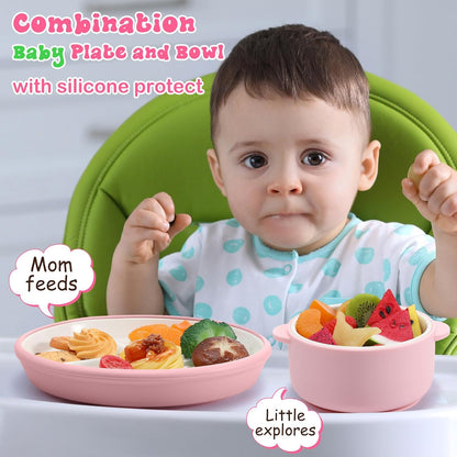 4 Pcs Porcelain Kid Suction Plate and Bowl Set,Pink,Beige