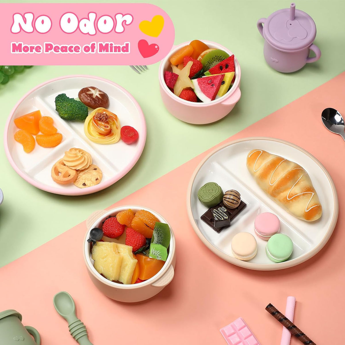 4 Pcs Porcelain Kid Suction Plate and Bowl Set,Pink,Beige