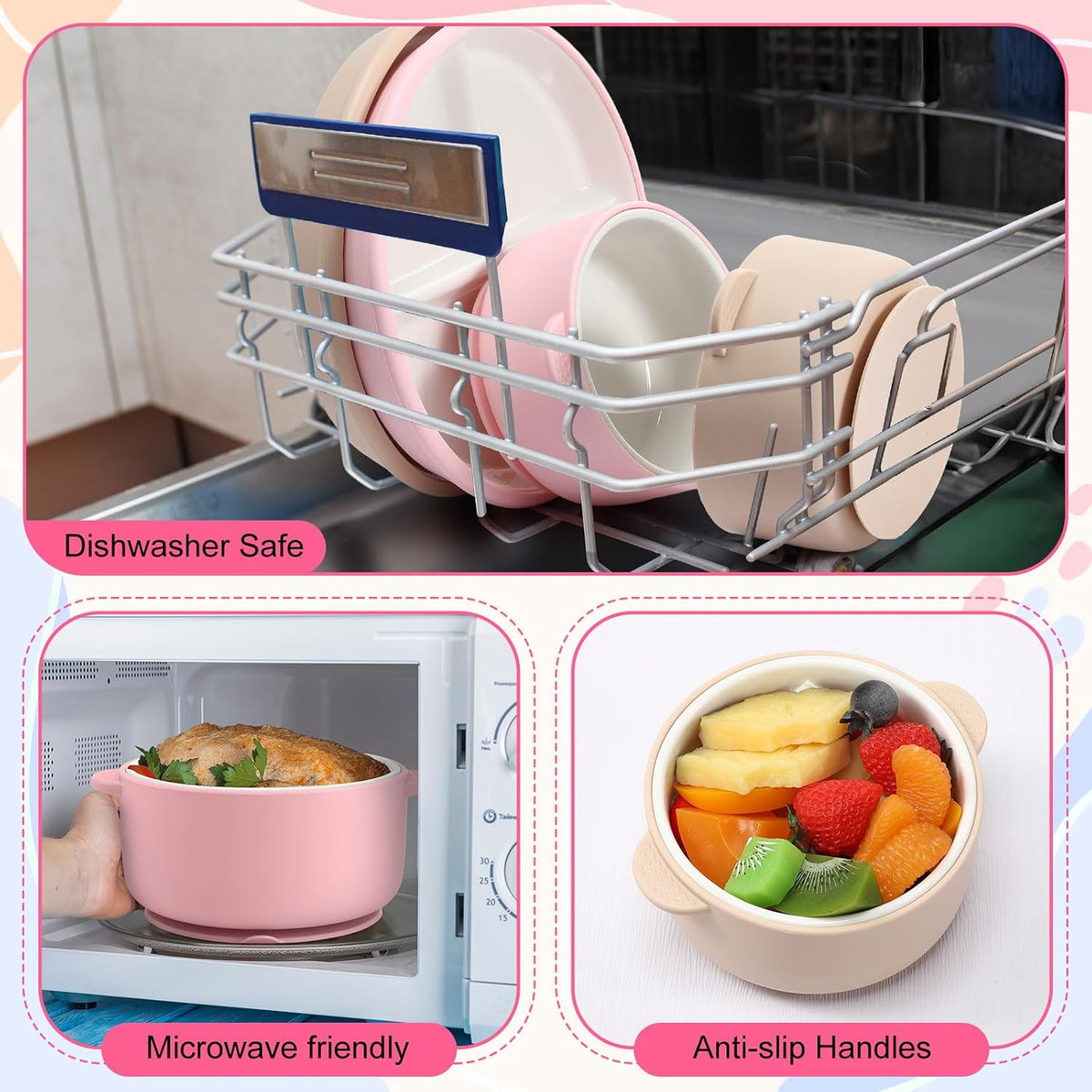 4 Pcs Porcelain Kid Suction Plate and Bowl Set,Pink,Beige