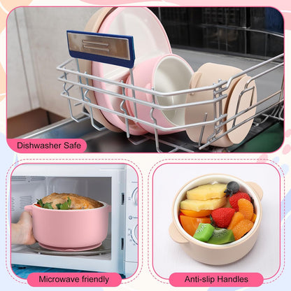4 Pcs Porcelain Kid Suction Plate and Bowl Set,Pink,Beige