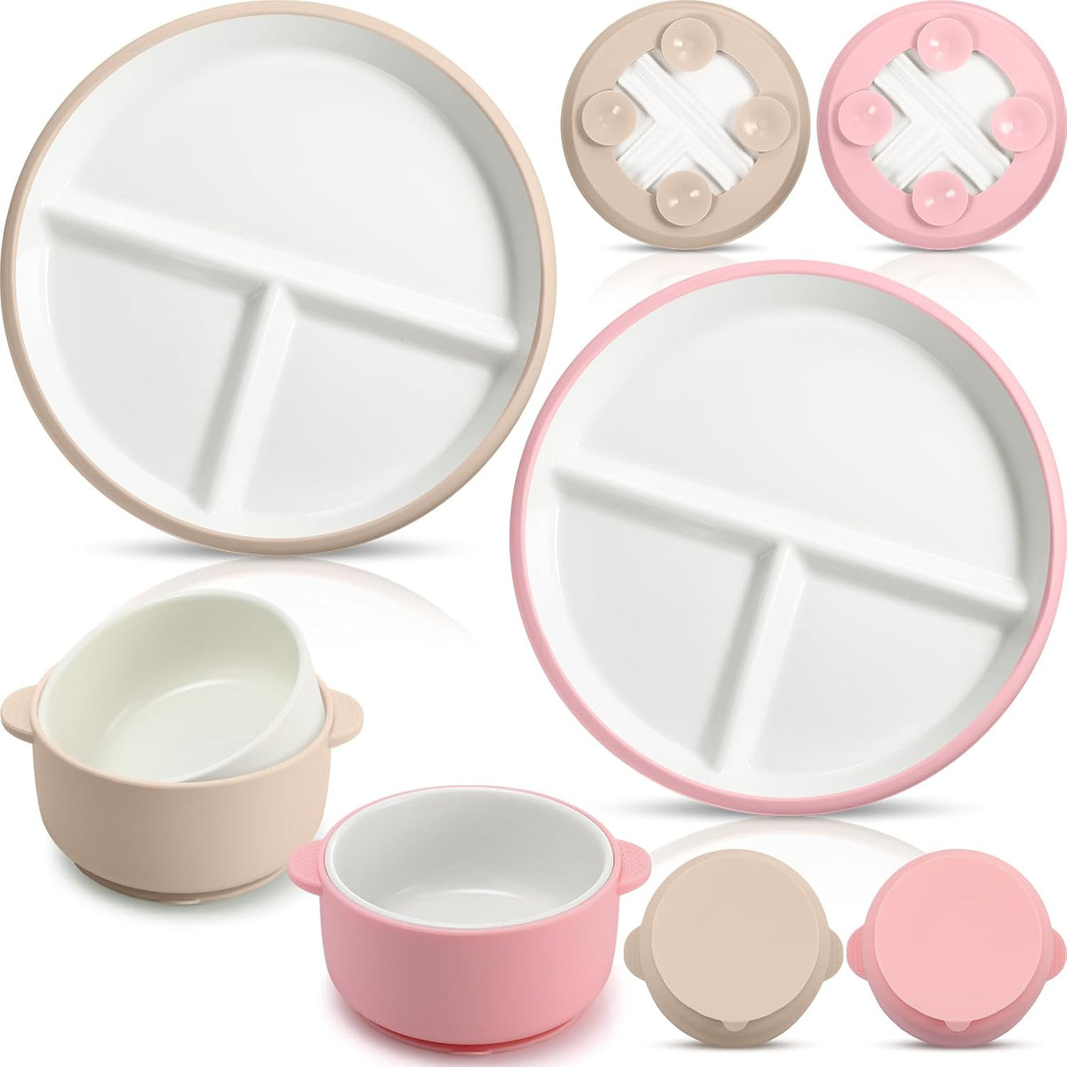 4 Pcs Porcelain Kid Suction Plate and Bowl Set,Pink,Beige