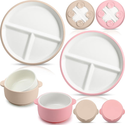 4 Pcs Porcelain Kid Suction Plate and Bowl Set,Pink,Beige