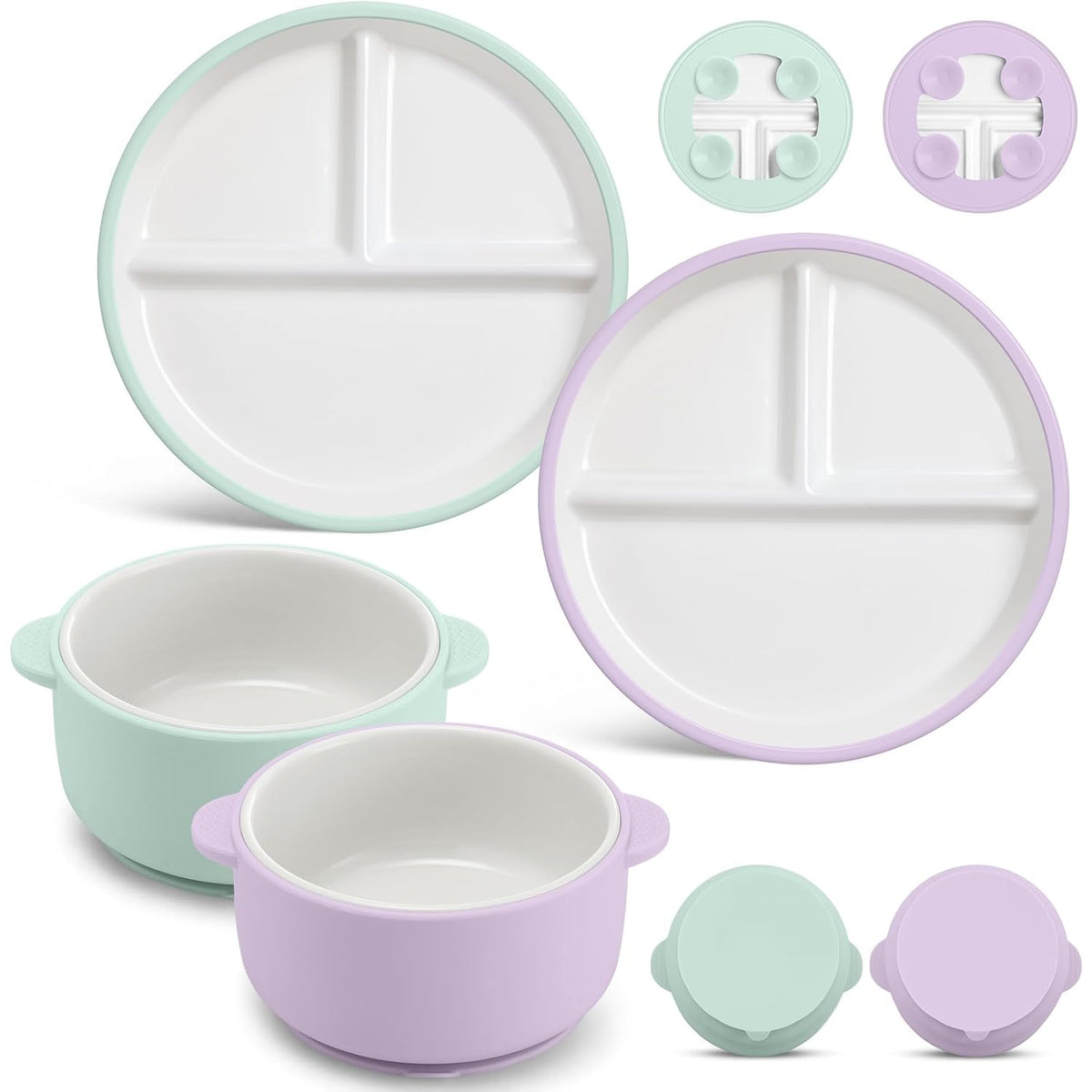 4 Pcs Porcelain Kid Suction Plate and Bowl Set,Pink,Beige