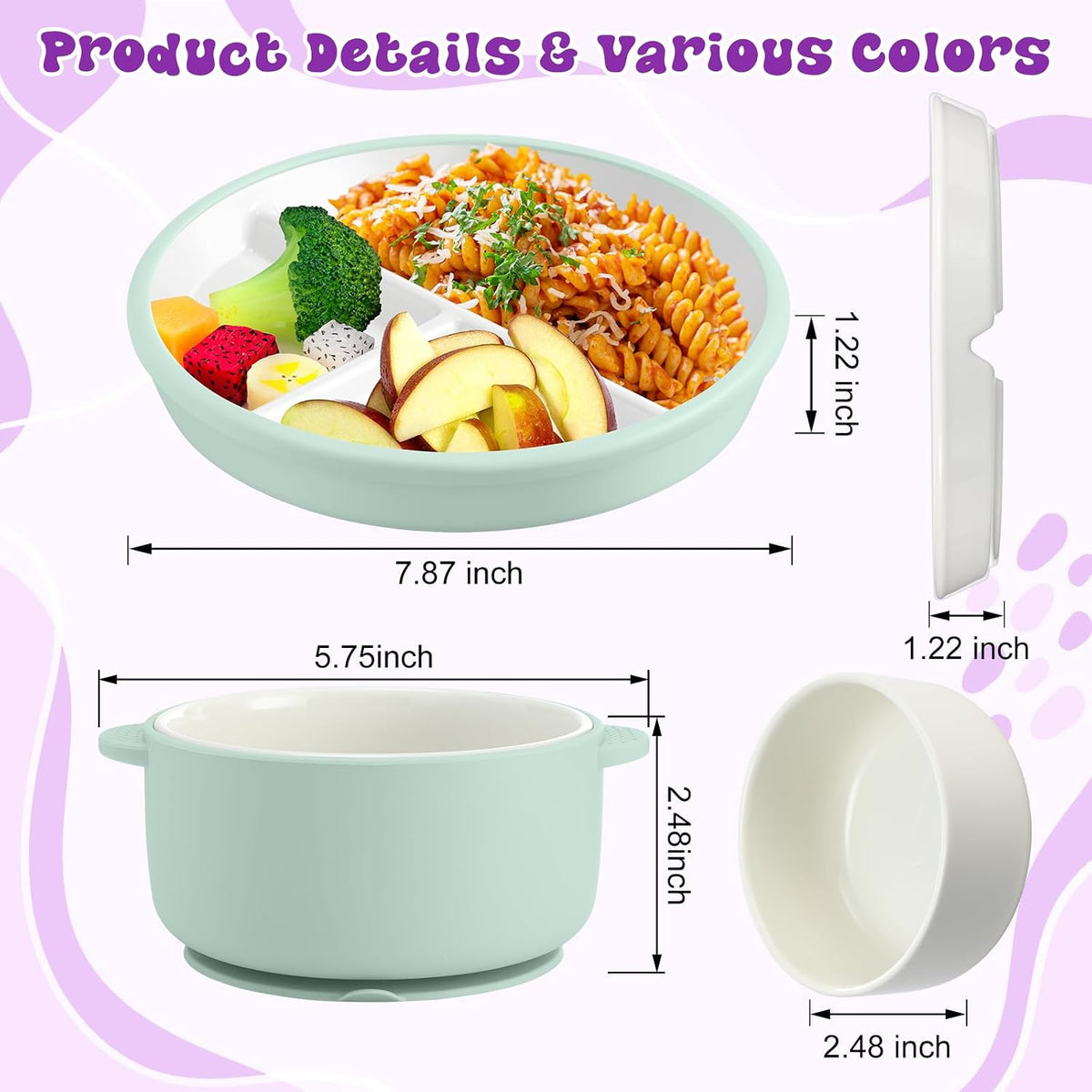 4 Pcs Porcelain Kid Suction Plate and Bowl Set,Pink,Beige