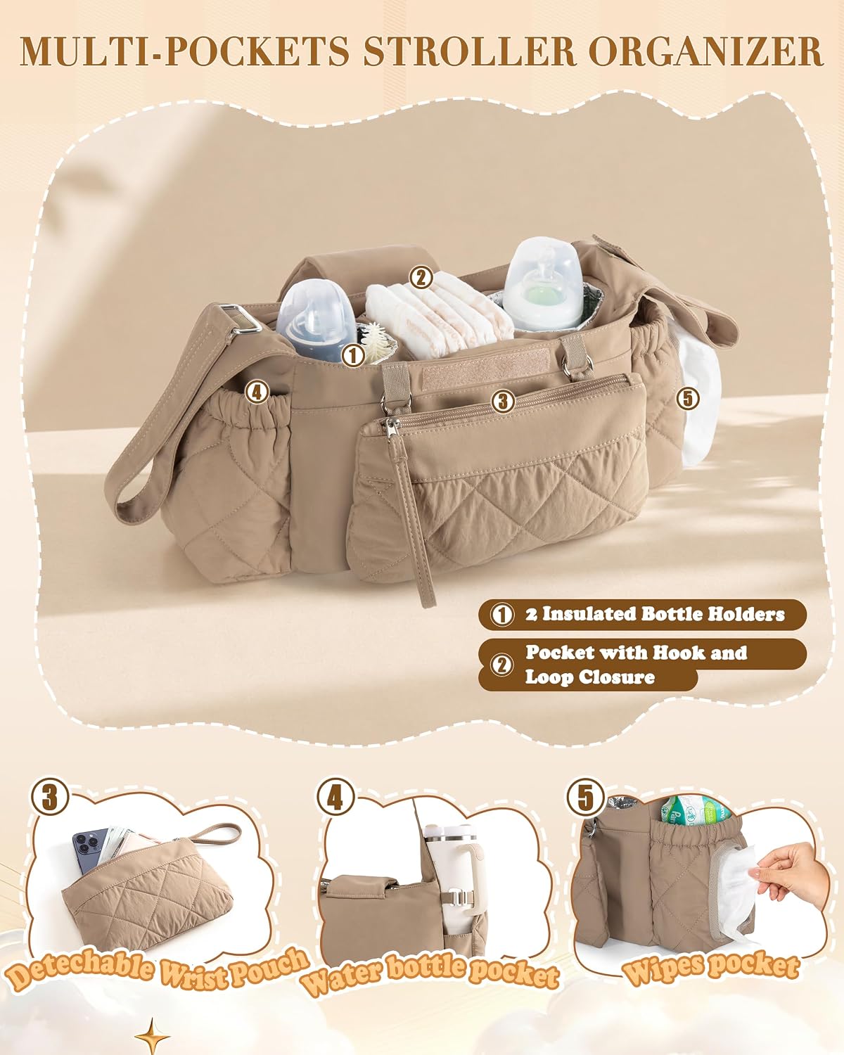 Stroller Organizer with Dual Insulated Cup Holders, Camel