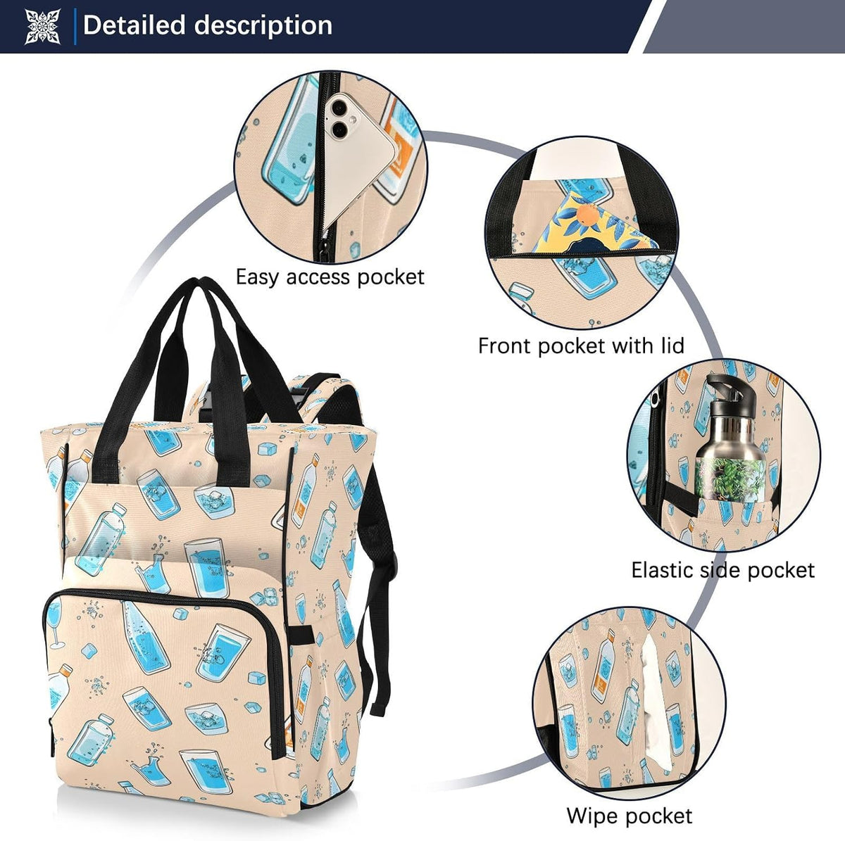 Water Bottles Diaper Bag Backpack Waterproof Large Capacity Multifunctional Diaper Bags with Insulated Pockets and Stroller Straps Travel Backpack for Baby Girl/Boy