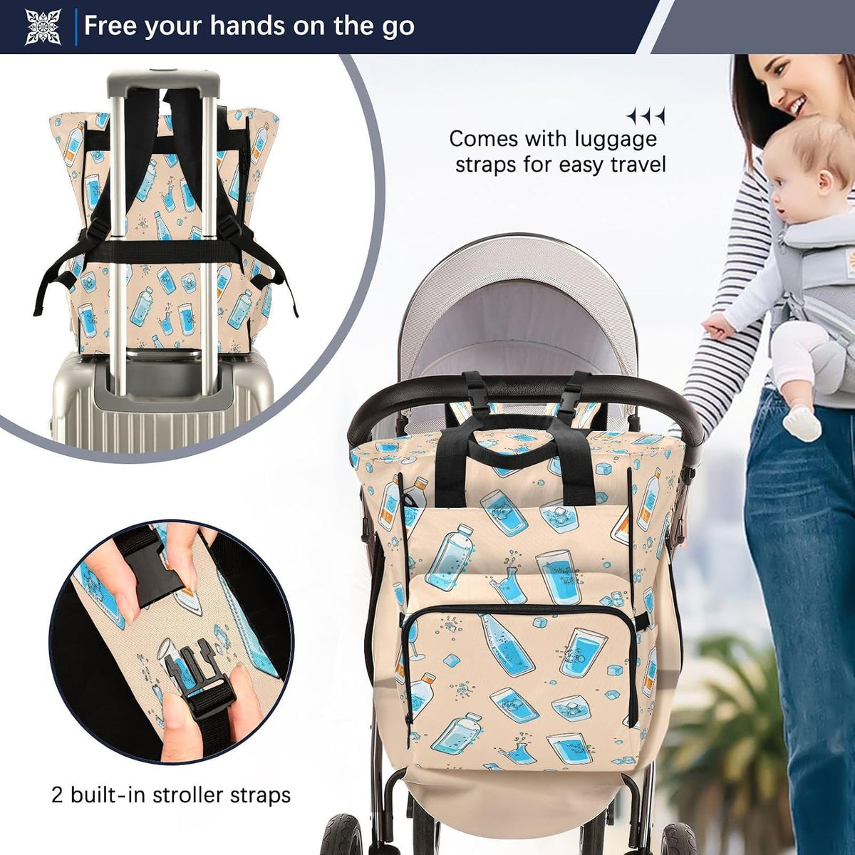 Water Bottles Diaper Bag Backpack Waterproof Large Capacity Multifunctional Diaper Bags with Insulated Pockets and Stroller Straps Travel Backpack for Baby Girl/Boy