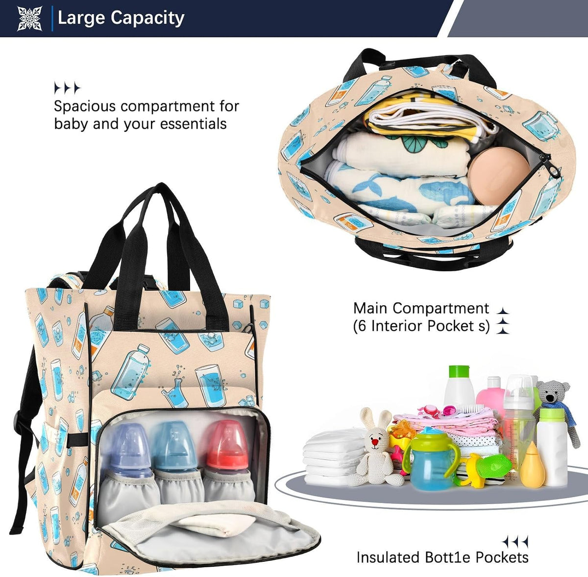 Water Bottles Diaper Bag Backpack Waterproof Large Capacity Multifunctional Diaper Bags with Insulated Pockets and Stroller Straps Travel Backpack for Baby Girl/Boy